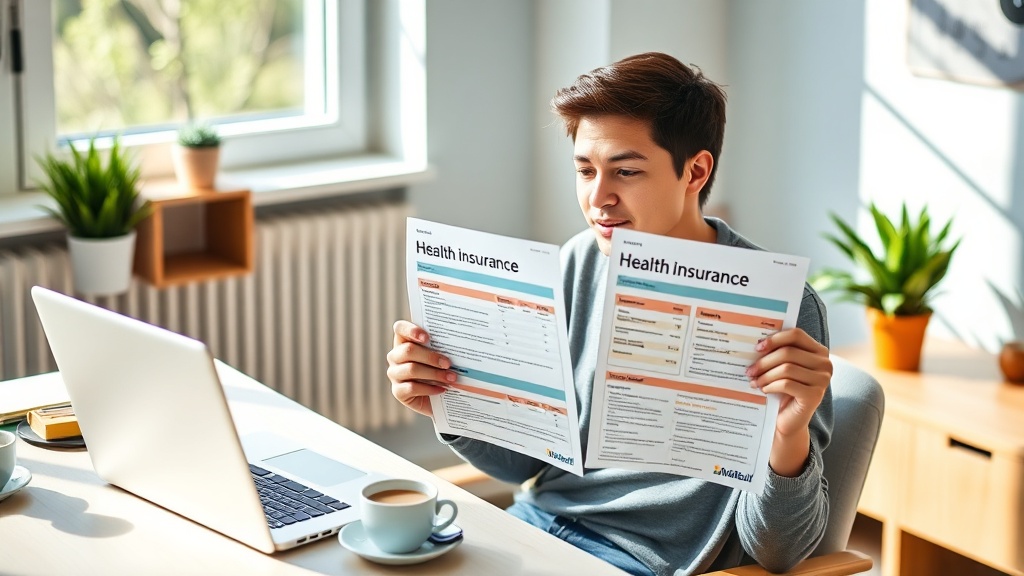 Freelancer reviewing health insurance options and documents at home desk with laptop