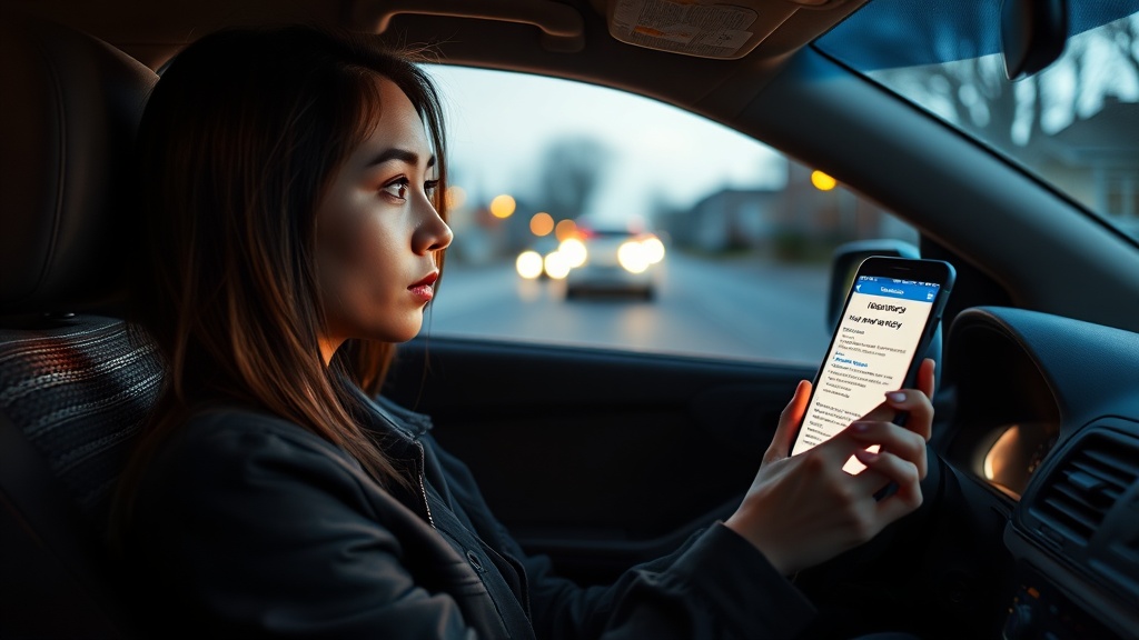 Person reviewing car insurance rates on a smartphone while sitting in a car