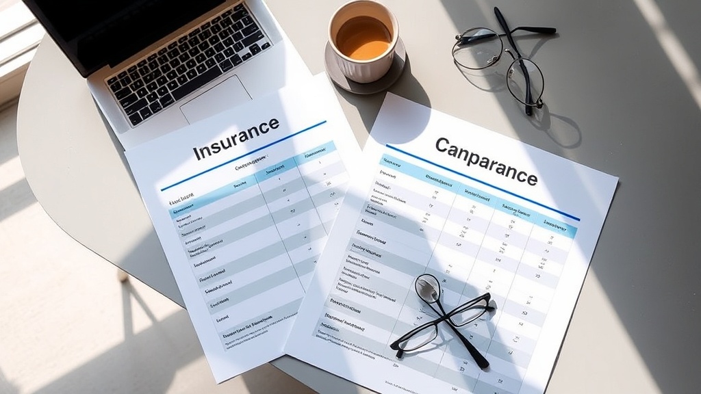 Insurance comparison documents and quotes spread on a desk with pen and calculator