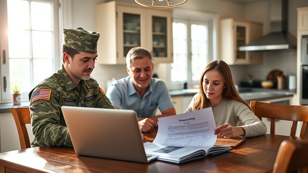 Military family reviewing insurance policy documents at home together on laptop